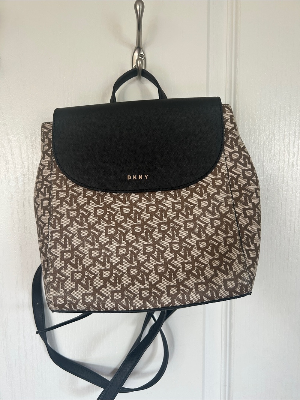 DKNY Brown Monogram Backpack with Black Flap and Straps